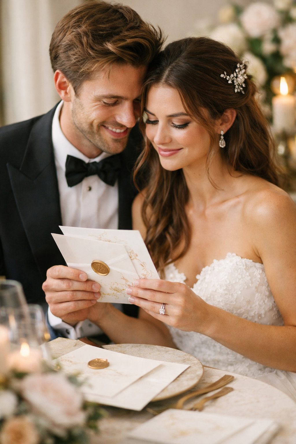 Couple looking at wedding invitations with foil accents.