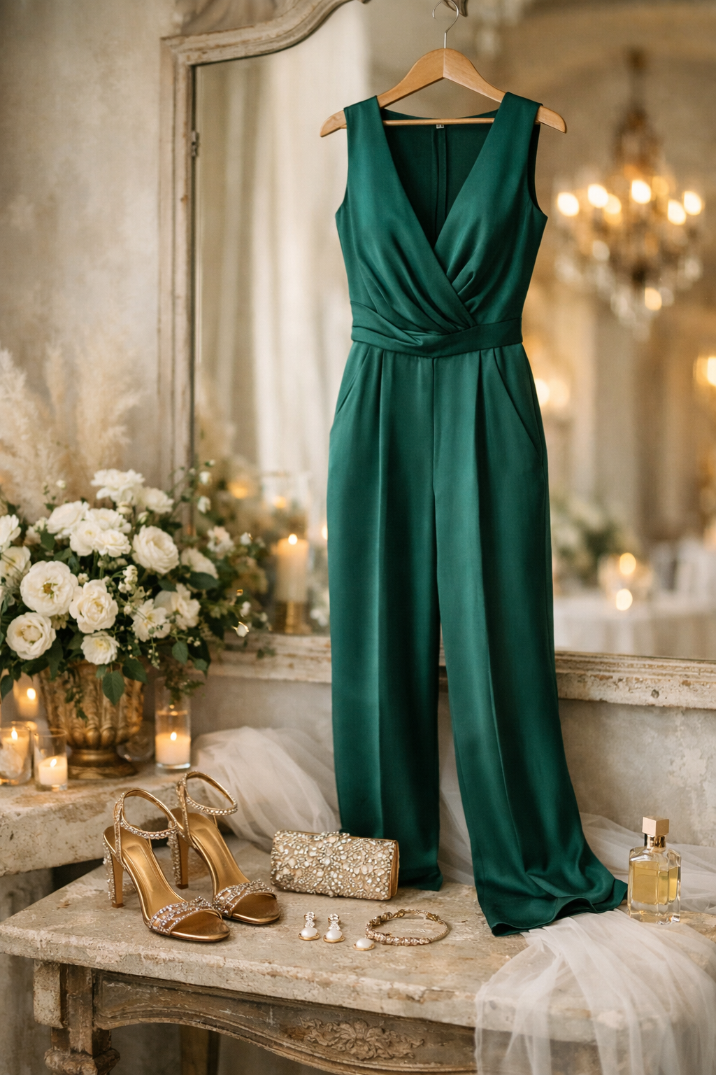 An elegant emerald green jumpsuit hanging on a wooden hanger with gold heels, a jeweled clutch, and accessories arranged beside it.