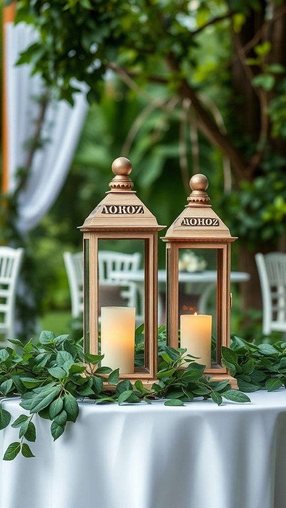 Wooden lanterns on a table with greenery at a bridal shower.