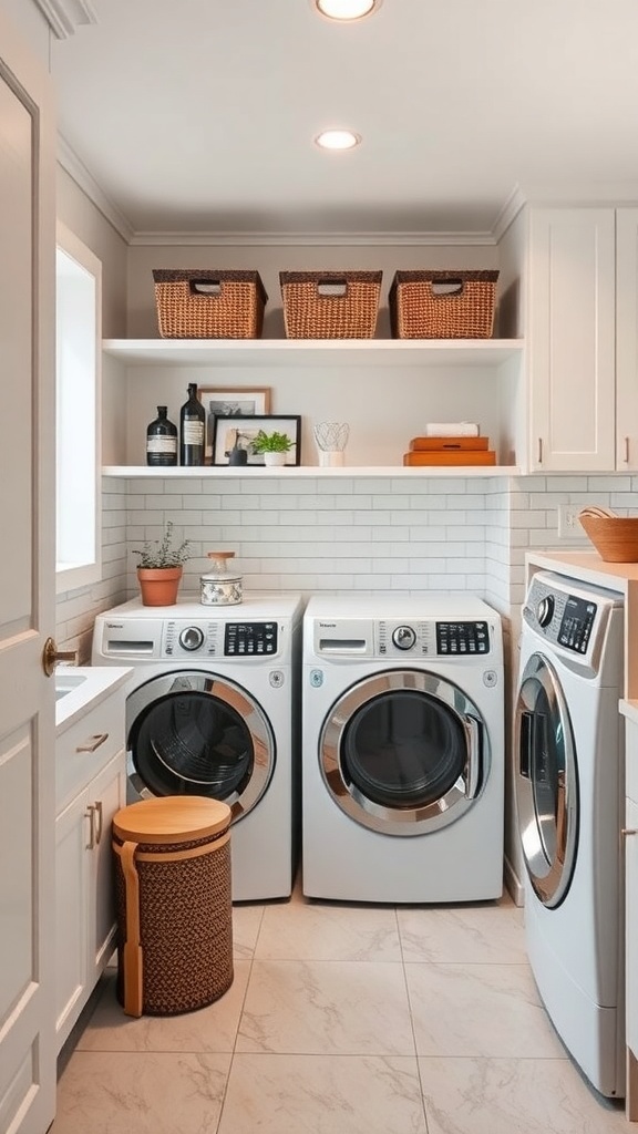 A stylish laundry room featuring modern appliances, open shelving, and decorative storage baskets.