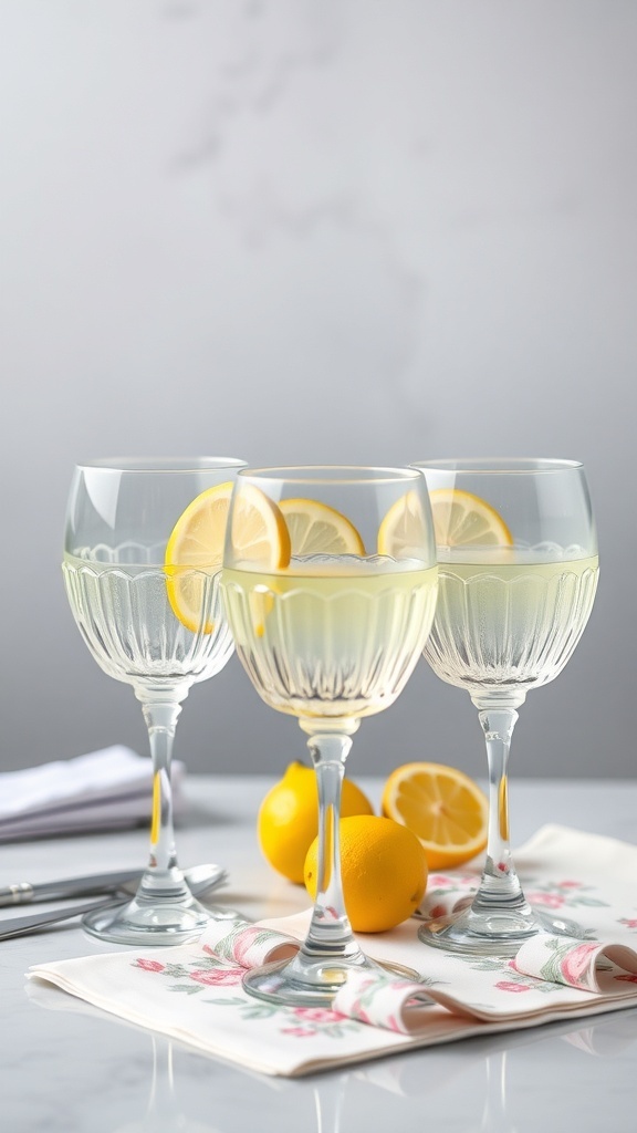 Three elegant glasses of lemonade with lemon slices, placed on a floral napkin with lemons in the background