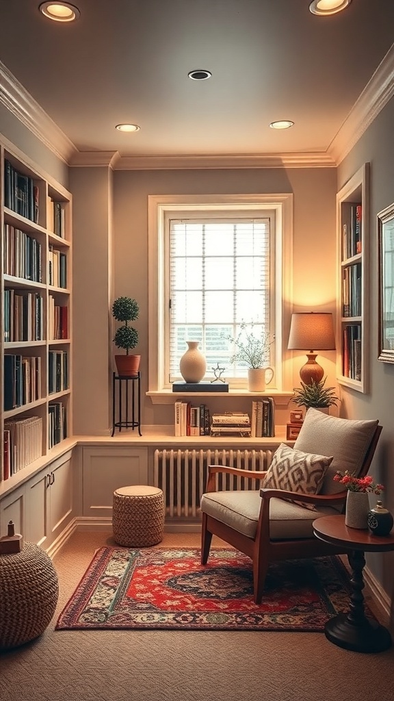 Cozy basement library nook with bookshelves, a comfortable chair, and warm lighting.
