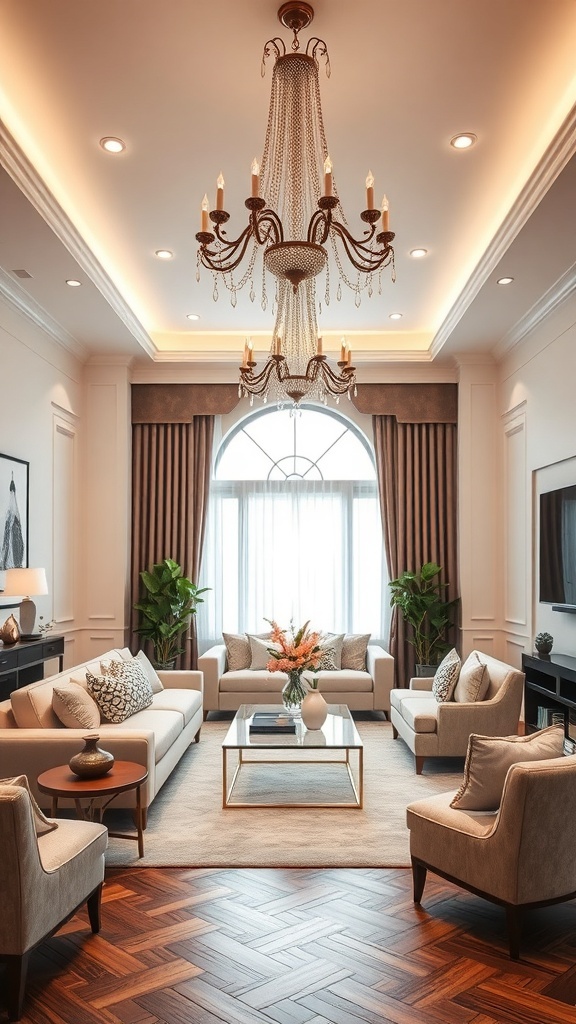 A cozy luxury living room featuring a stunning chandelier and warm lighting.