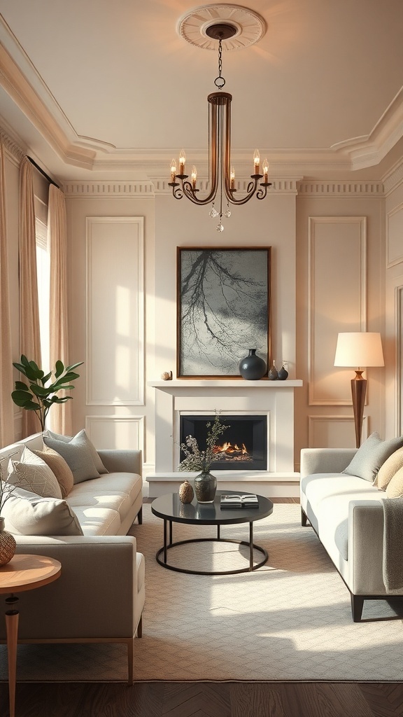 A cozy elegant living room featuring a chandelier and a stylish floor lamp.