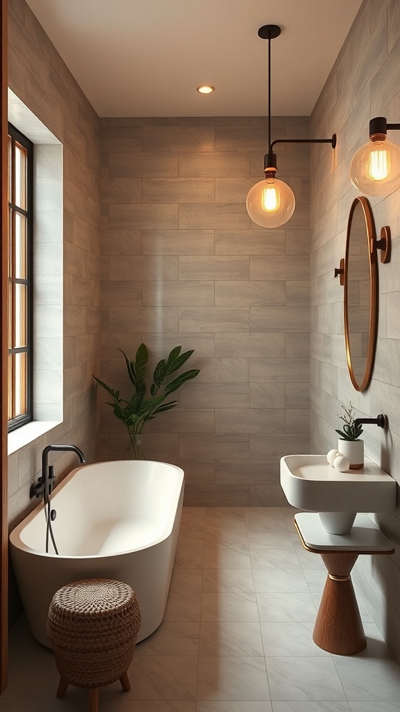 A modern Japandi bathroom featuring elegant lighting fixtures, a freestanding bathtub, and natural elements.