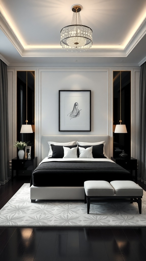 A stylish black and white bedroom featuring a chandelier and pendant lights.