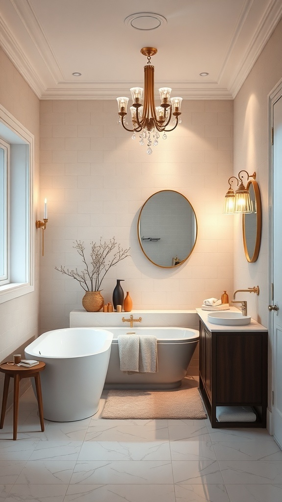 A stylish bathroom featuring a chandelier, wall sconces, a freestanding tub, and a modern vanity.