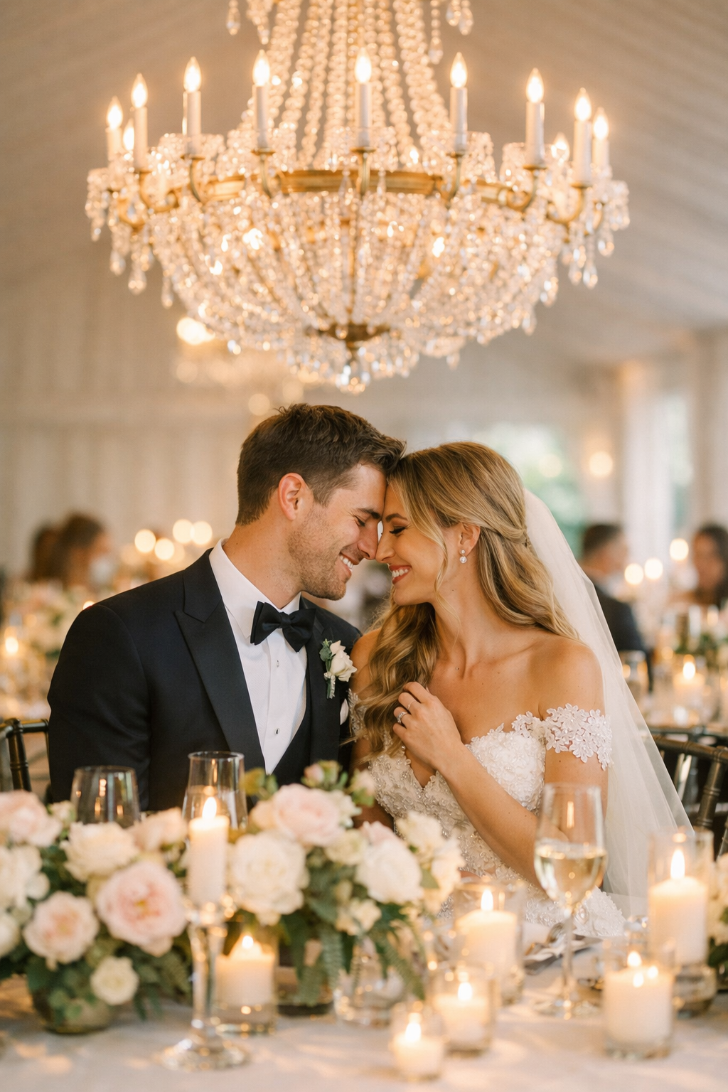 A couple sharing an intimate moment under an elegant chandelier in a well-decorated wedding setting.