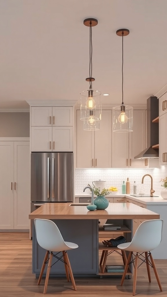 Modern kitchen with elegant hanging light fixtures and stylish decor