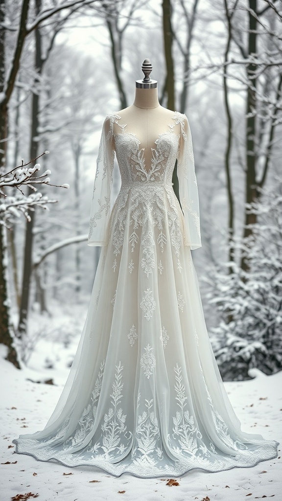A beautiful winter wedding dress with long sleeves, intricate lace detailing, and a flowing skirt, set against a snowy forest backdrop.