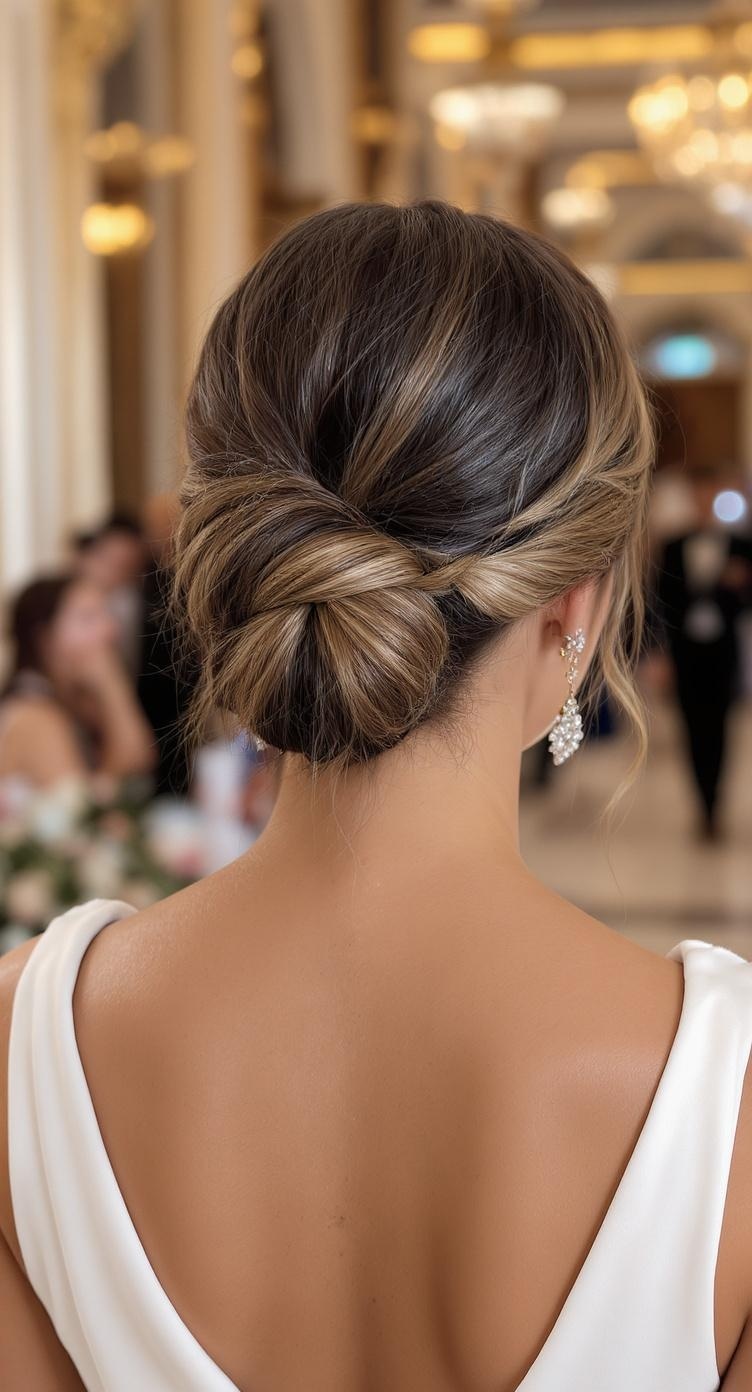 A woman with a low braid bun hairstyle, showcasing a blend of hair colors and elegant earrings.