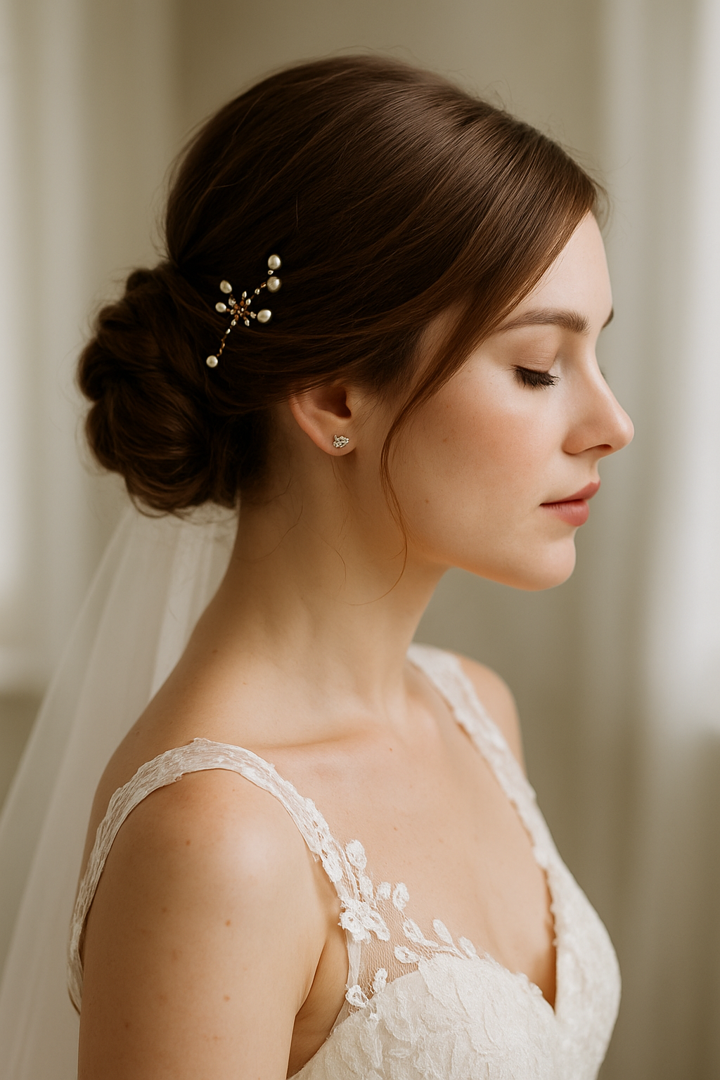 Bride with a low bun hairstyle and bob cut, adorned with a pearl hair accessory.