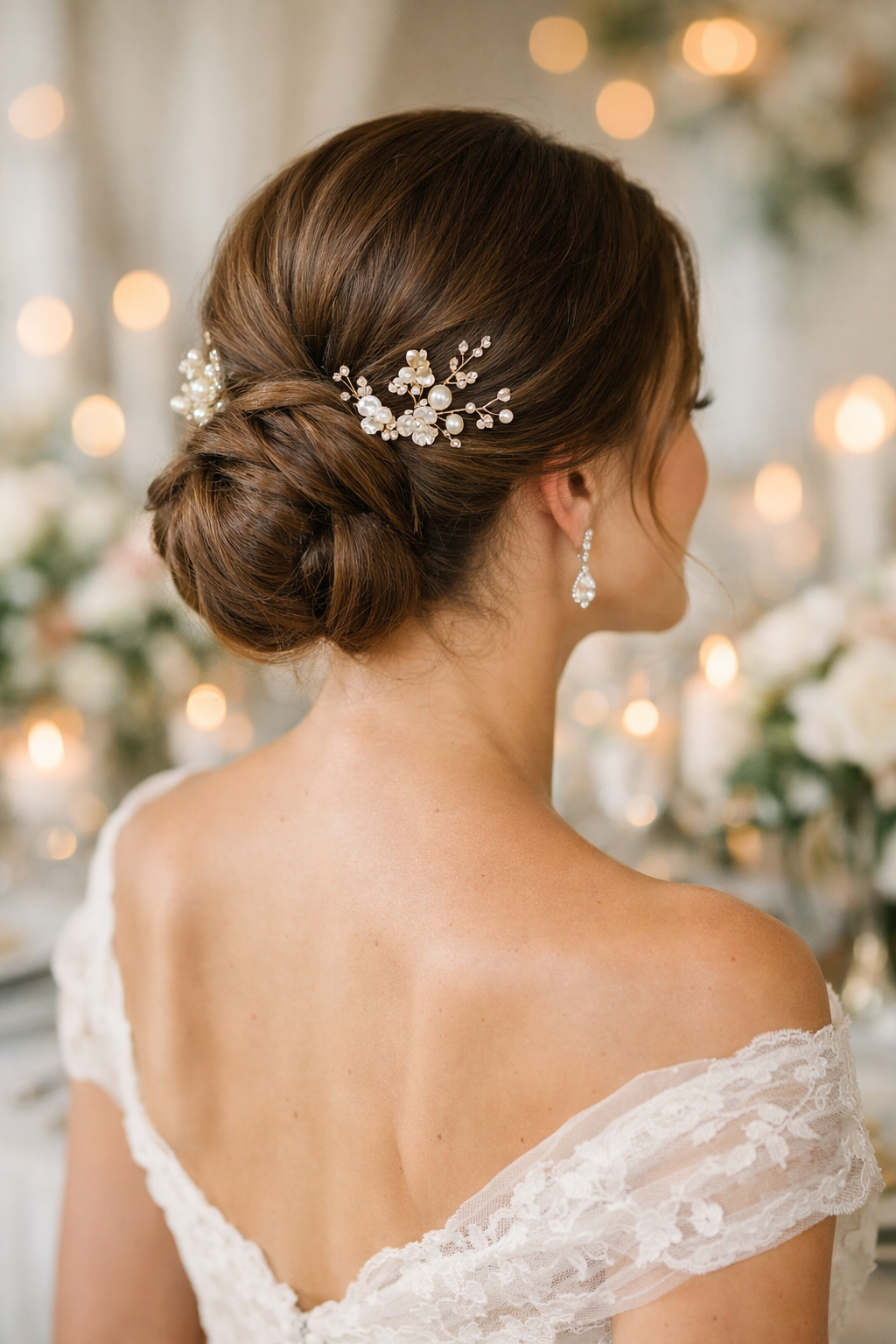 A woman with an elegant low chignon hairstyle adorned with floral pins, wearing a lace dress.