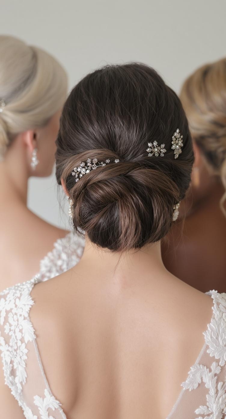 A close-up view of a low chignon hairstyle adorned with sparkling hair accessories, showcasing elegance and style.