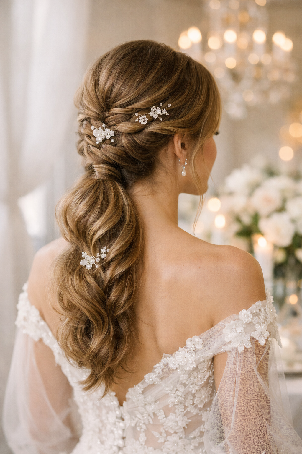 An elegant low ponytail hairstyle with braids, featuring delicate floral accessories.