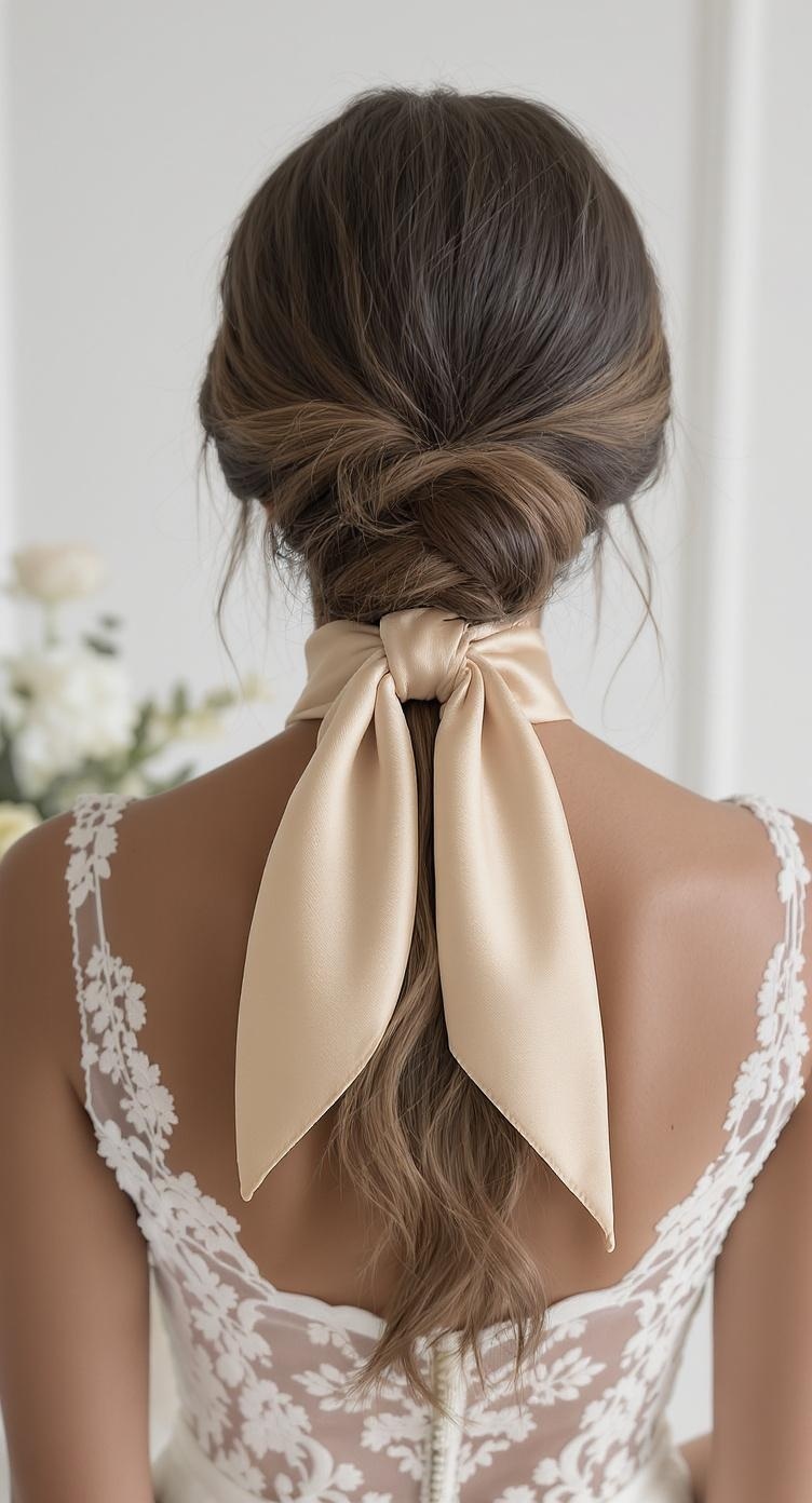 A low ponytail hairstyle adorned with a silk scarf, showcasing a stylish and elegant look for a wedding bridesmaid.