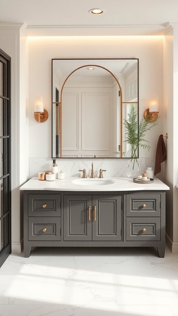 Single sink bathroom vanity with elegant marble countertop and dark gray cabinetry