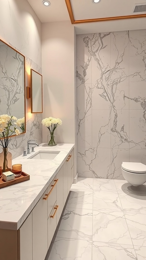 A modern bathroom featuring elegant marble countertops with warm wooden accents and stylish fixtures.