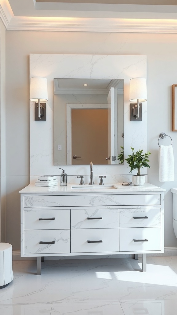 A modern marble bathroom vanity with a large mirror, wall sconces, and a small plant.