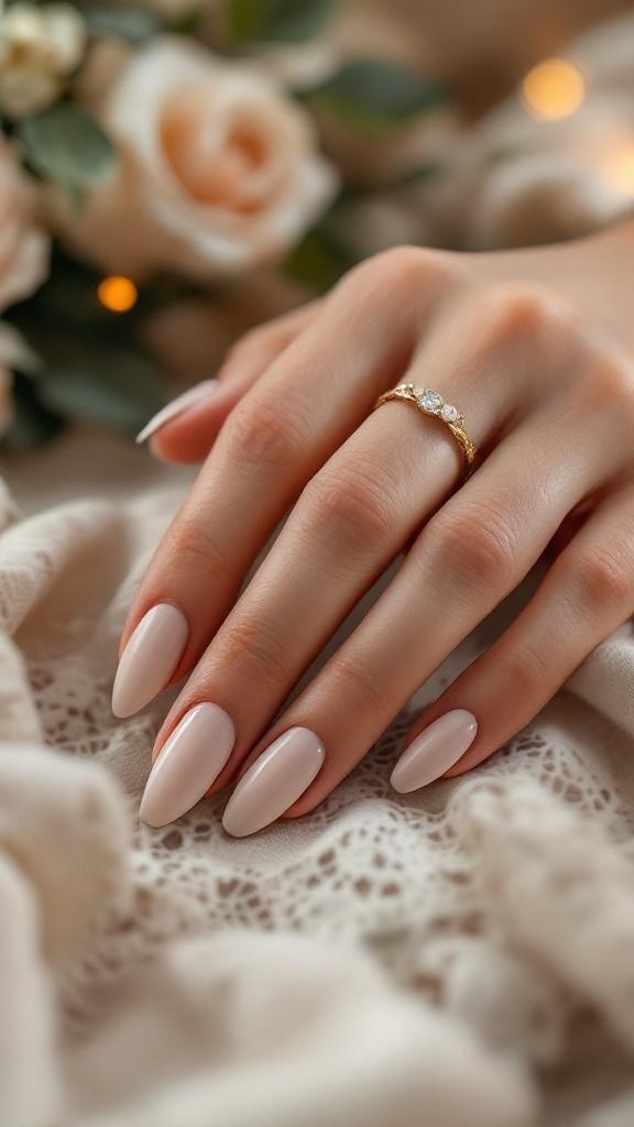 A close-up of elegantly manicured nude wedding nails with a matte finish, adorned with a delicate gold ring.