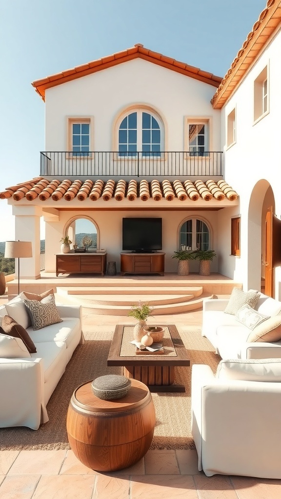 A one-storey Mediterranean villa with a terracotta roof, large arched windows, and a cozy patio area.