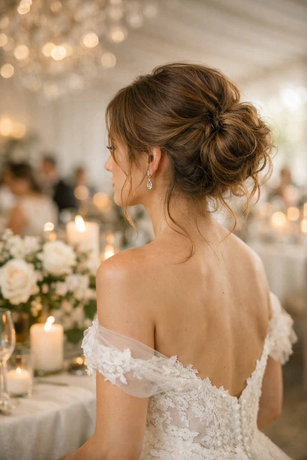 A woman with an elegant messy bun hairstyle at a wedding reception, showcasing a chic and relaxed style.