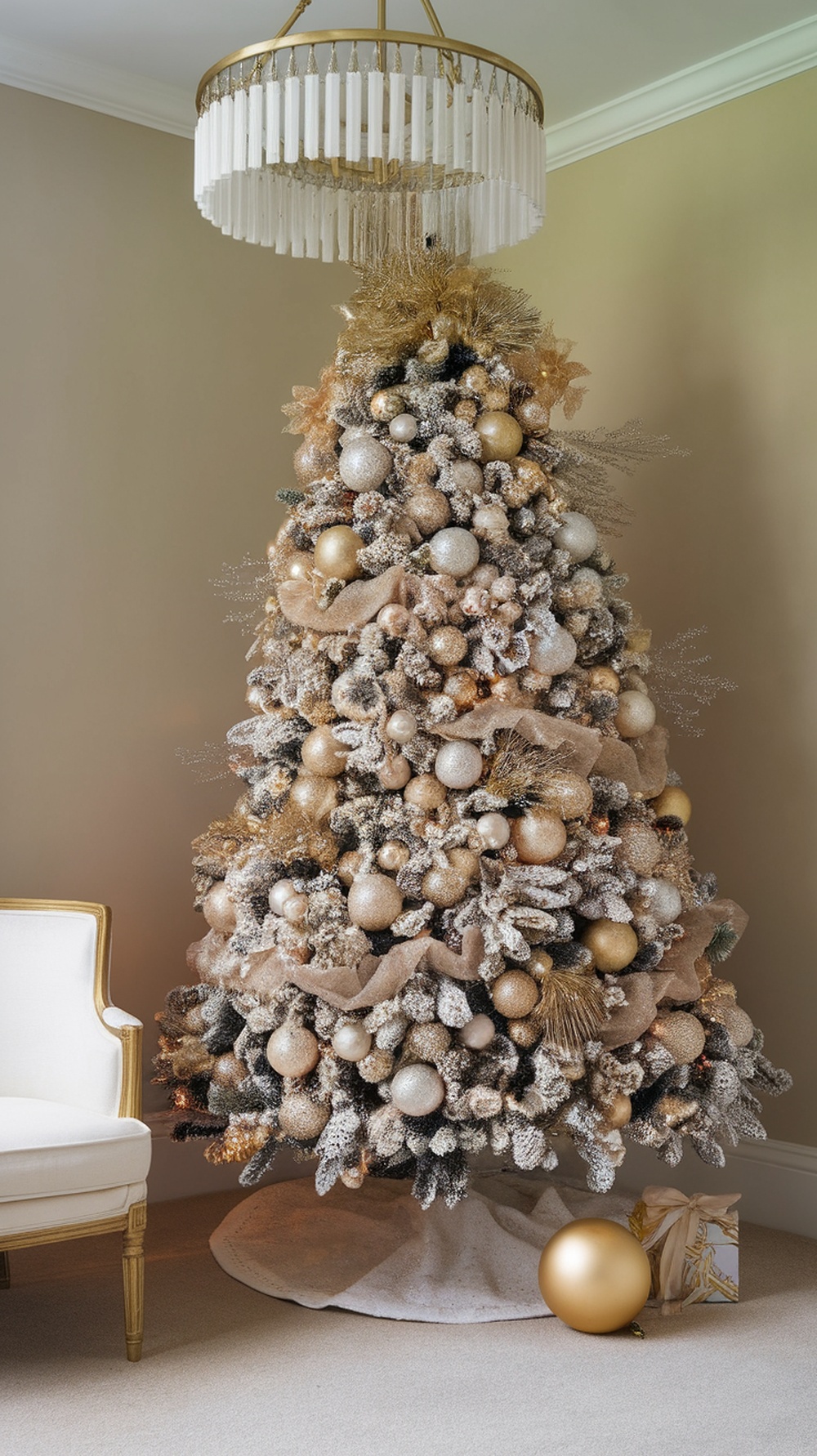 A beautifully decorated Christmas tree with metallic gold and silver ornaments, surrounded by a cozy chair and a gift.
