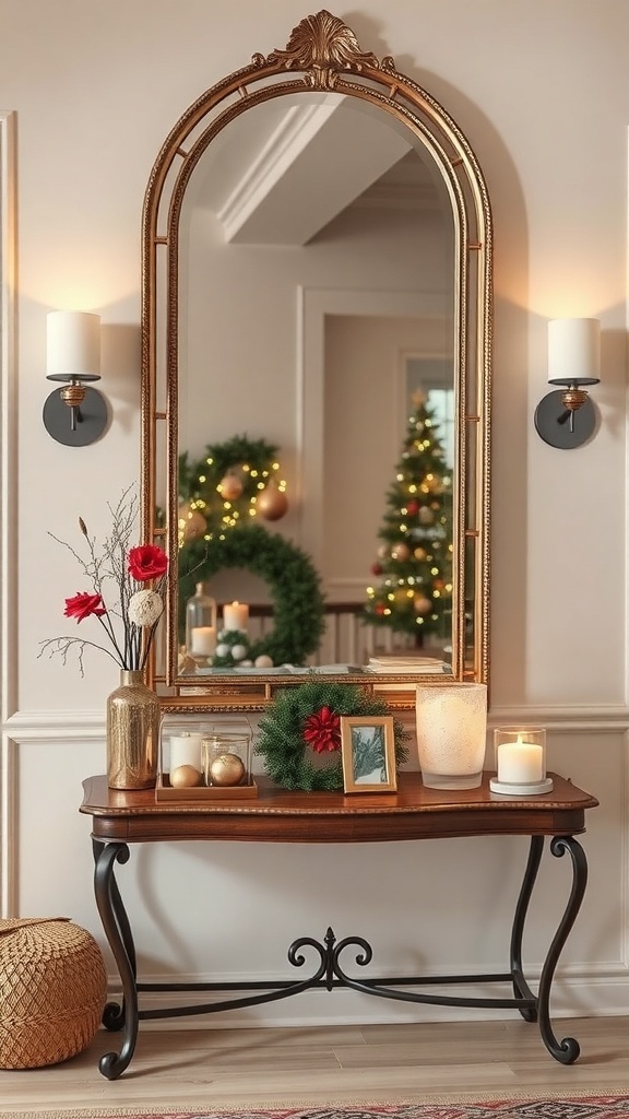 A beautifully decorated entryway table with a large mirror, festive flowers, candles, and a Christmas tree in the background.