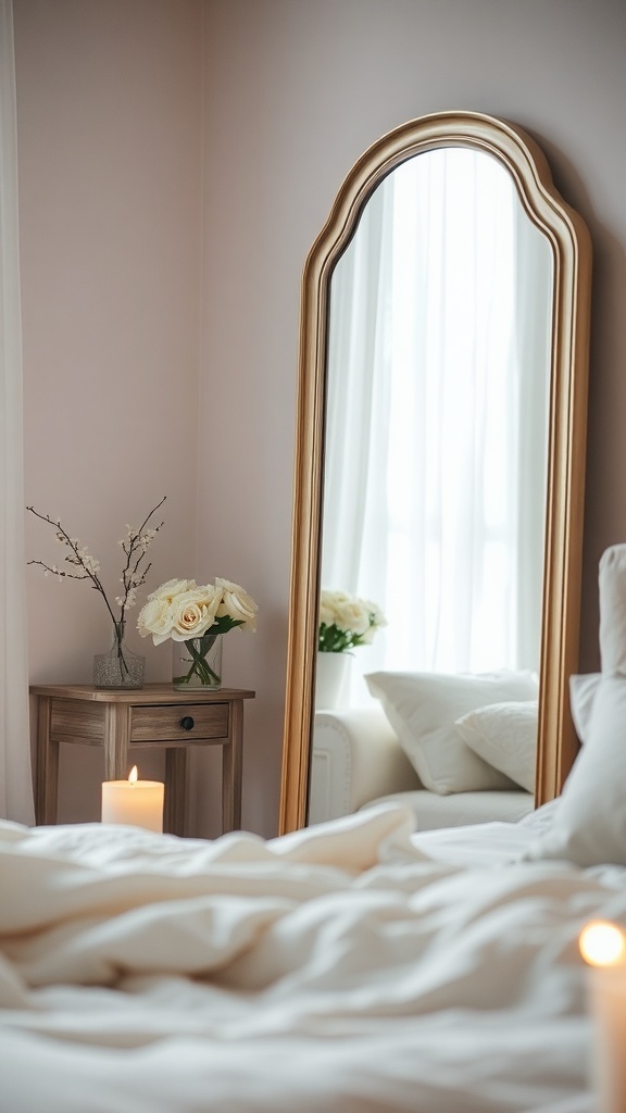 A stylish bedroom featuring a tall mirror, soft bedding, flowers, and a candle, creating a romantic atmosphere.