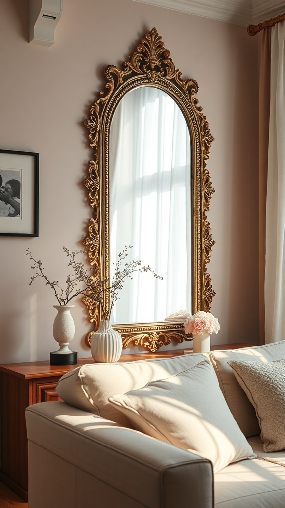 A beautifully framed mirror reflecting soft light in a cozy bedroom setting.