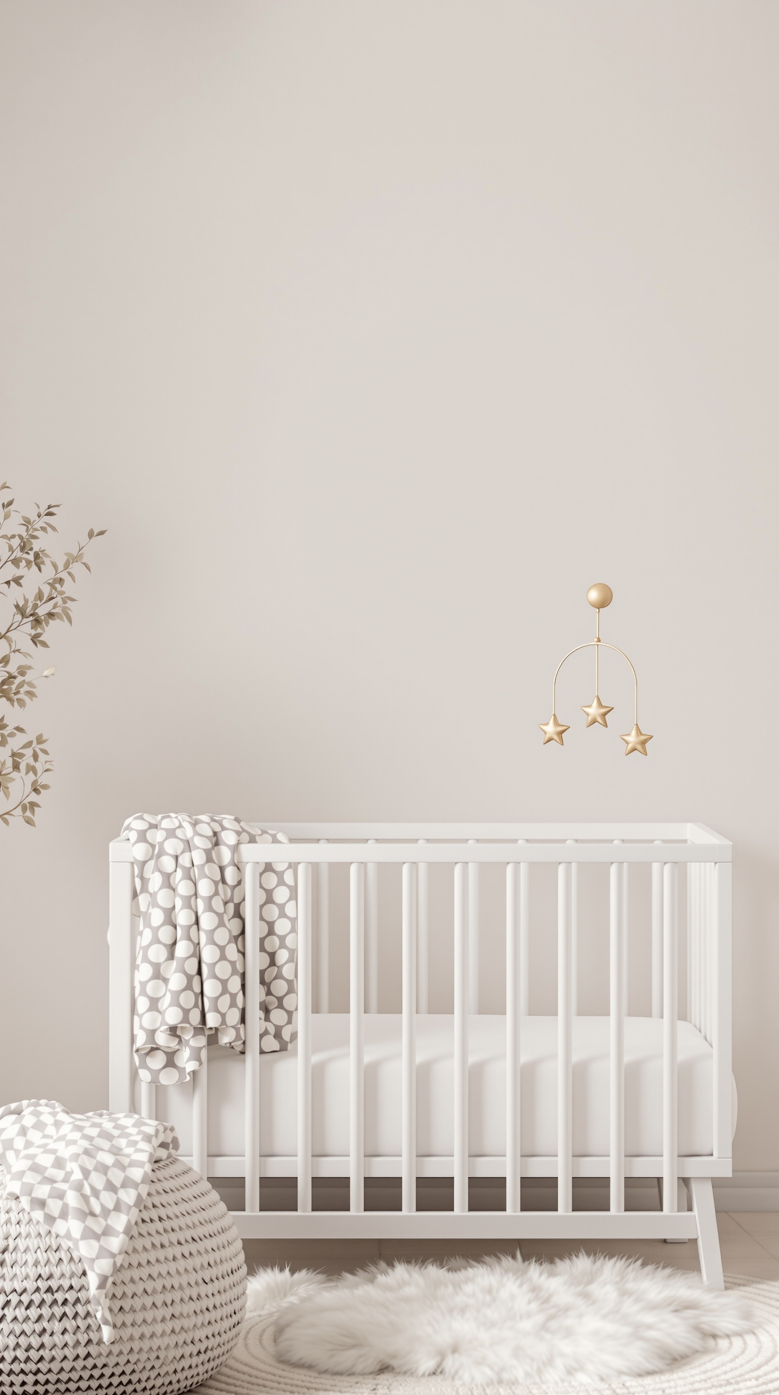 A neutral baby nursery featuring a white crib, a soft blanket, and a stylish mobile with stars.