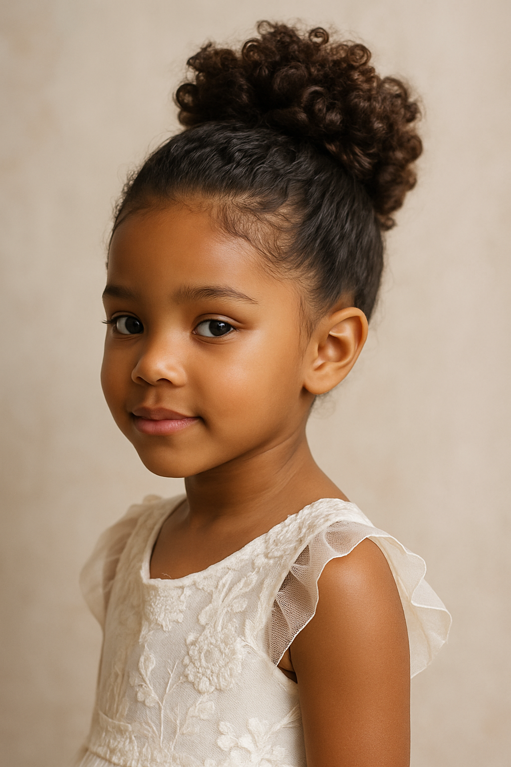 A young girl with curly hair styled in a high bun, wearing a light-colored dress.