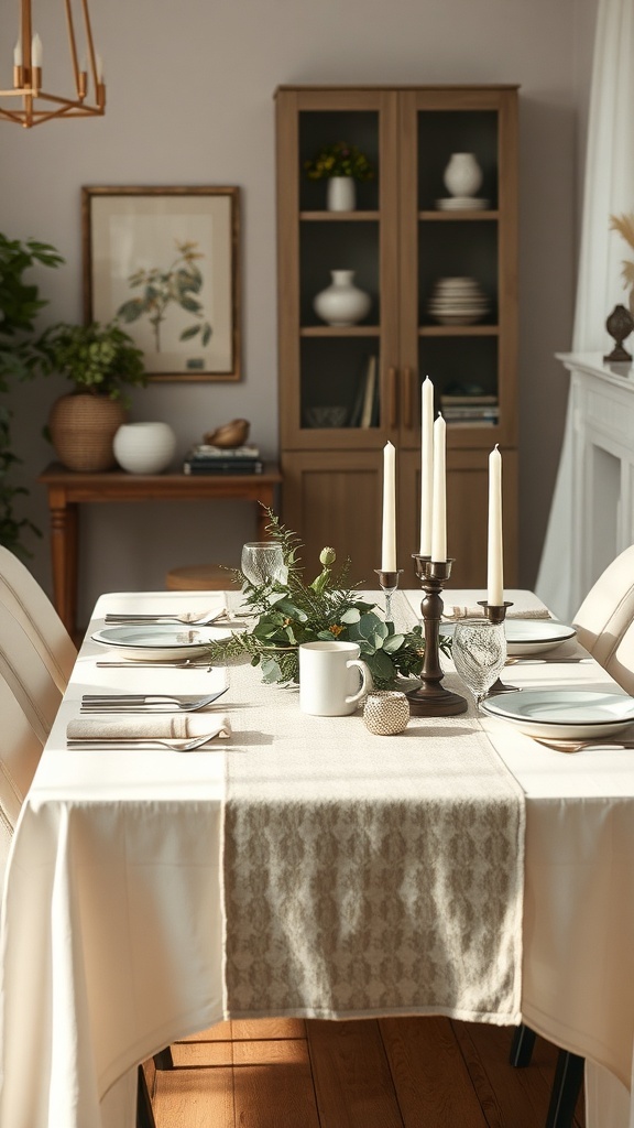 A beautifully set dining table with a neutral table runner, white plates, candles, and greenery.