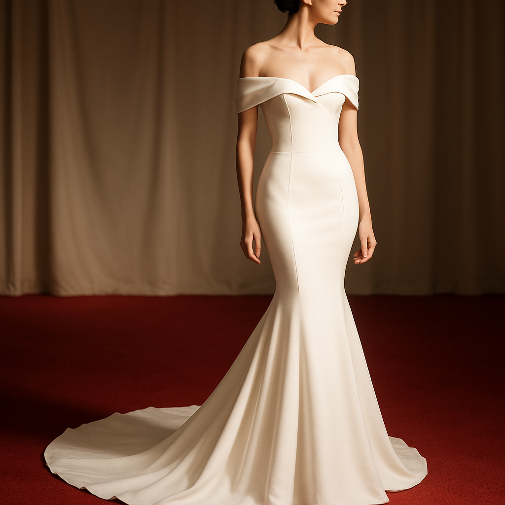 A model wearing an elegant off-the-shoulder mermaid dress, showcasing a fitted bodice and flared skirt.