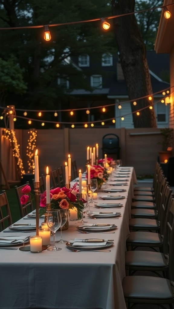 An elegant outdoor dining setup for a bridal shower with string lights, flowers, and candles.