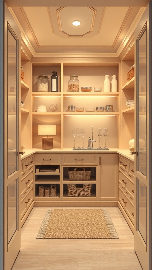 A warm neutral kitchen pantry with organized shelves, jars, and baskets.