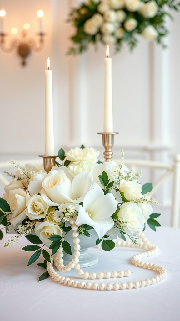 Elegant pearl-themed centerpiece with flowers and candles for bridal shower