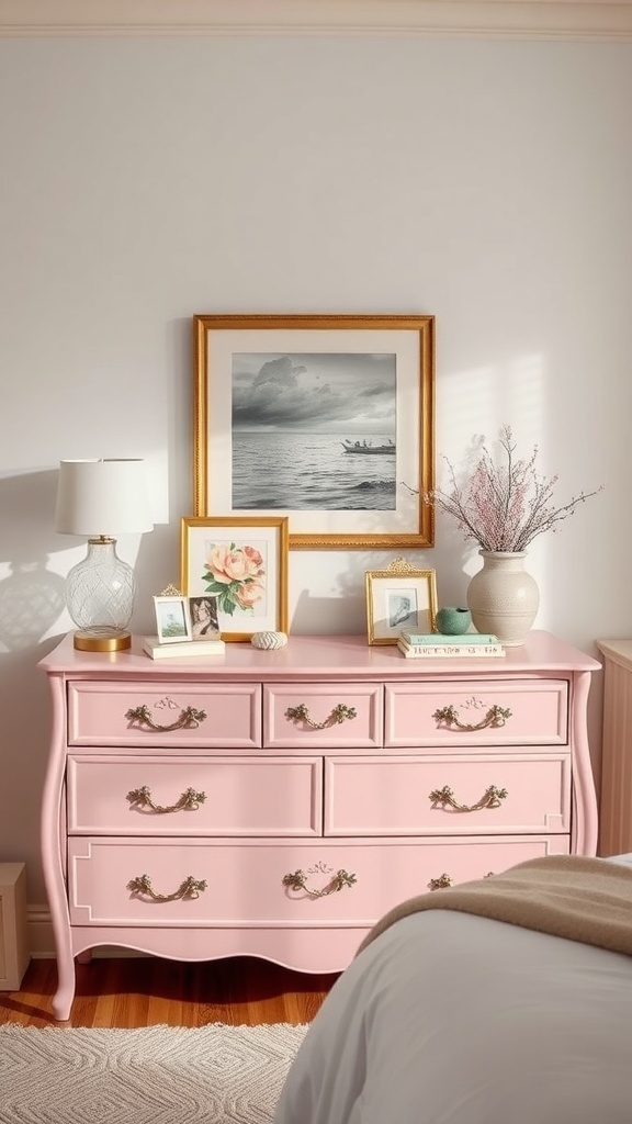 A pink dresser with decorative items in a girl's bedroom