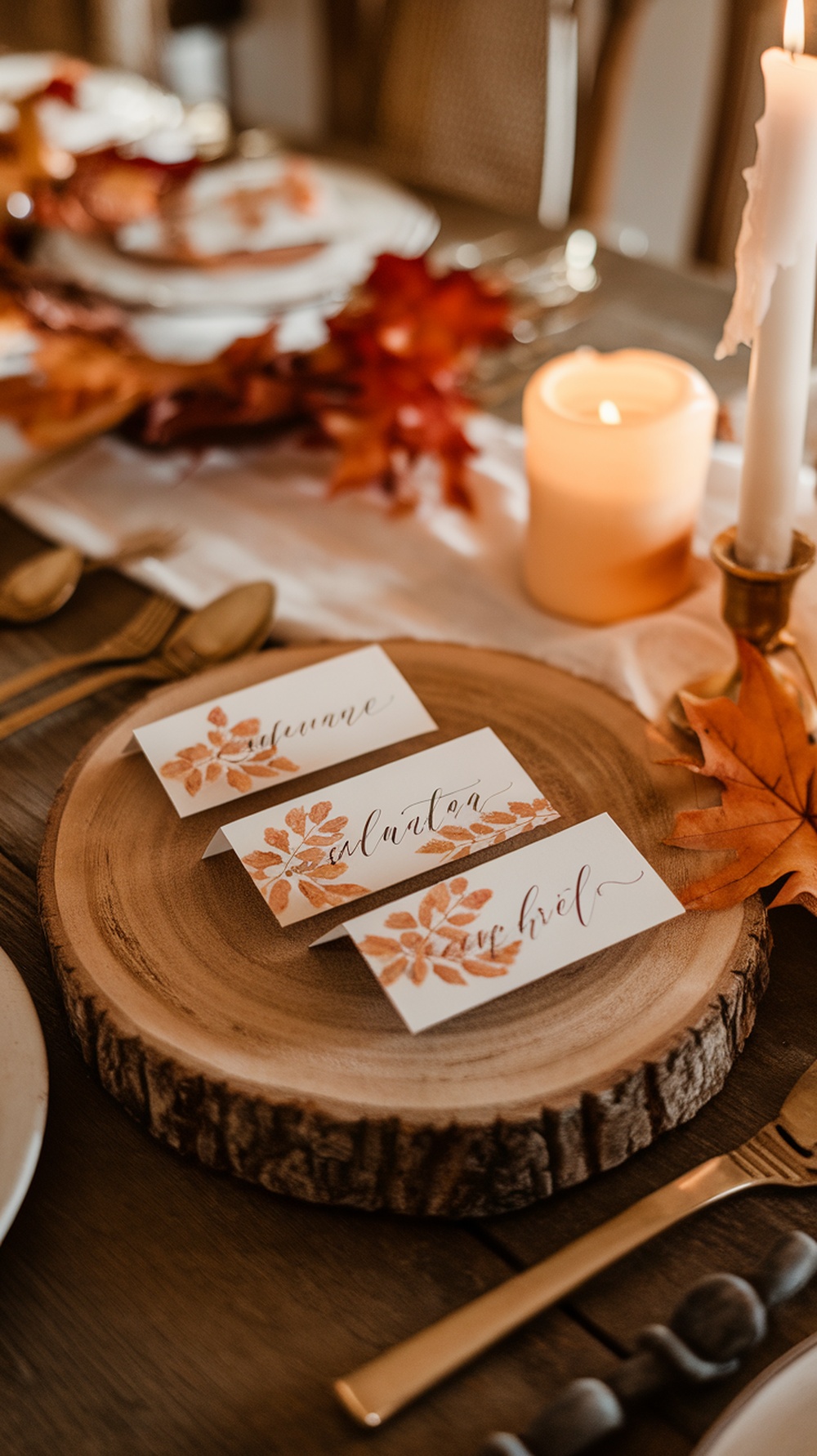 Beautifully designed place cards with autumn leaves on a wooden slab, set on a Thanksgiving table.