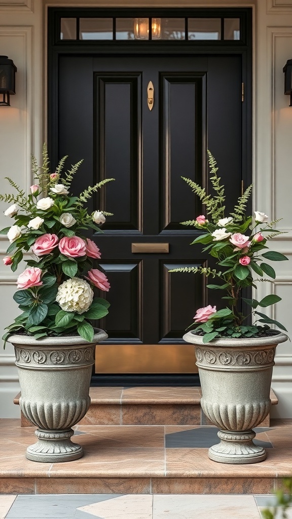 Two elegant planters with pink roses and white hydrangeas on either side of a black front door.