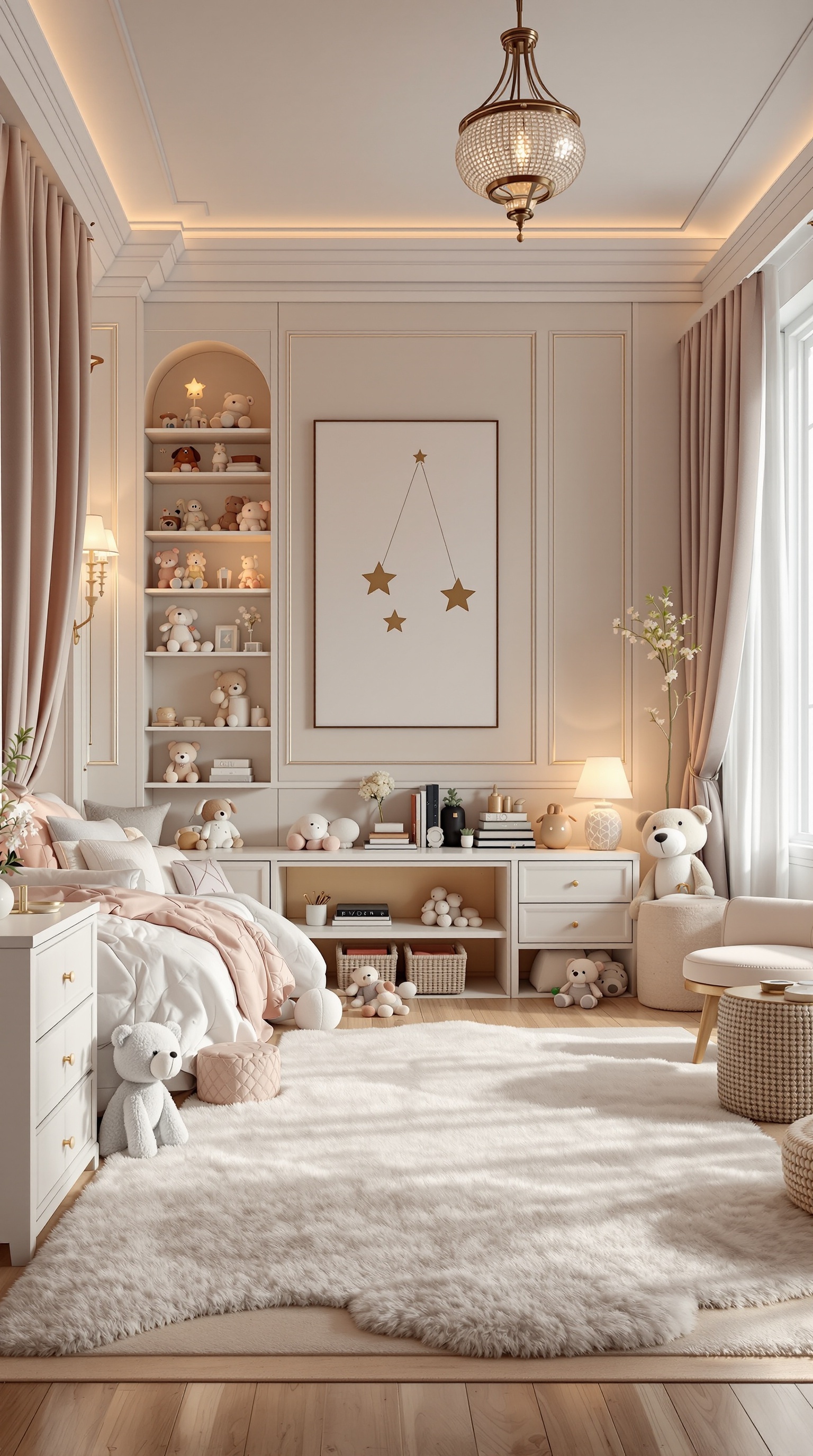 A luxurious kids' bedroom featuring a cozy play area with plush toys, soft lighting, and elegant decor.