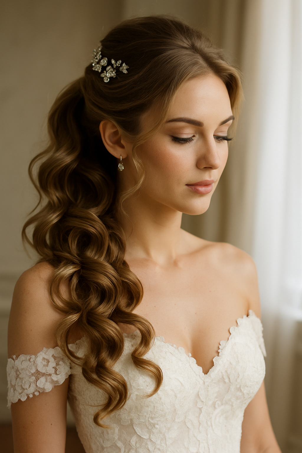 A bride with a ponytail hairstyle featuring cascading curls, adorned with a delicate hair accessory.
