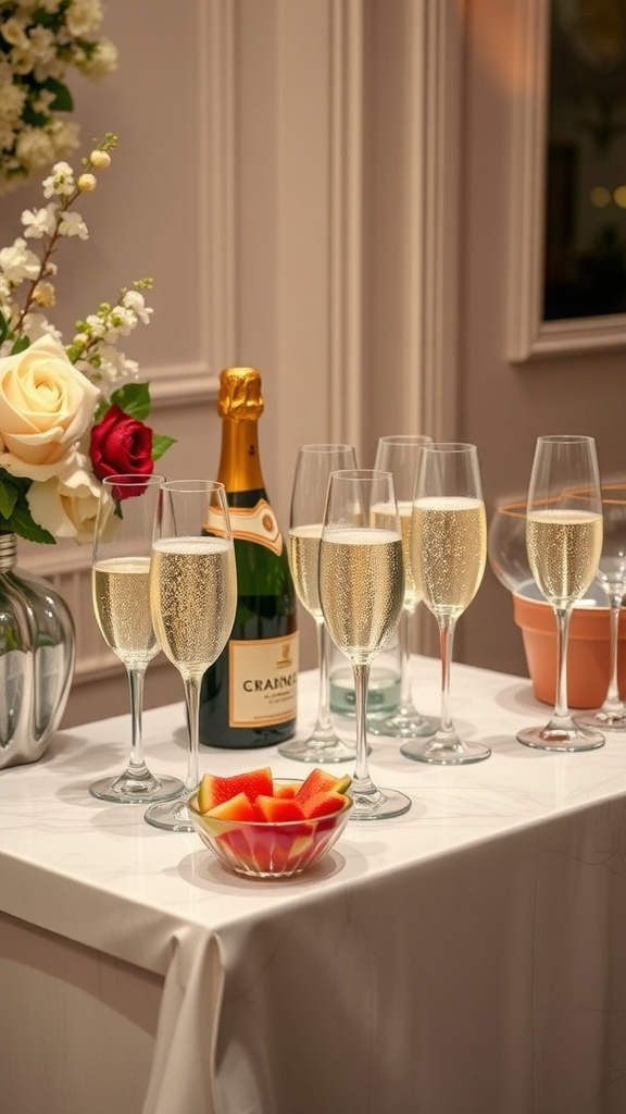 A beautiful prosecco station with glasses, a bottle of prosecco, and fruit garnishes at a bridal shower.