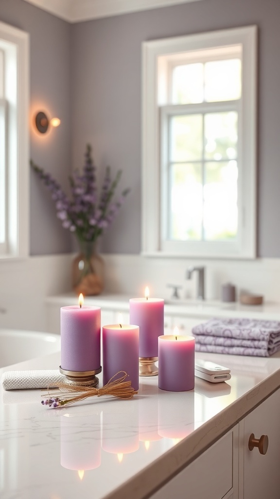 A serene bathroom scene featuring purple candles arranged on a countertop, with lavender sprigs and plush towels.