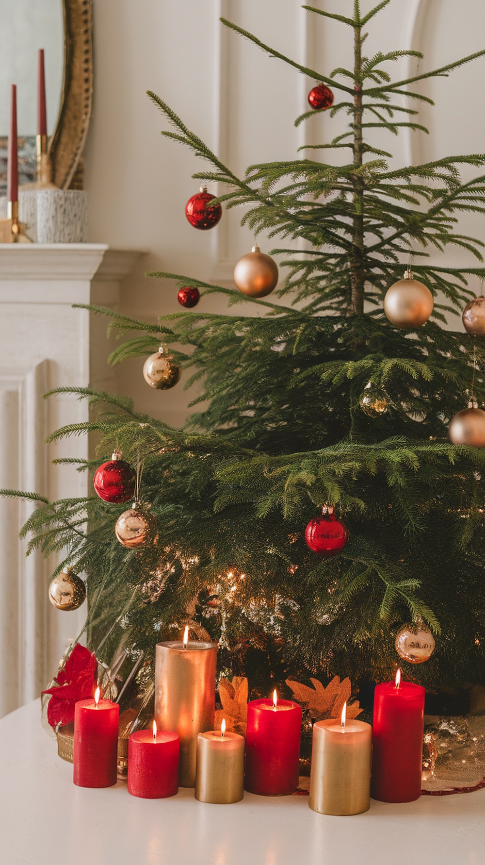 A collection of red and gold candles arranged near a Christmas tree, creating a warm festive atmosphere.