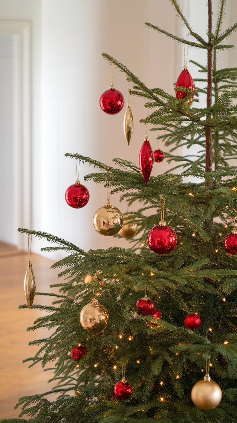 A Christmas tree adorned with red and gold ornaments, showcasing a festive and elegant design.