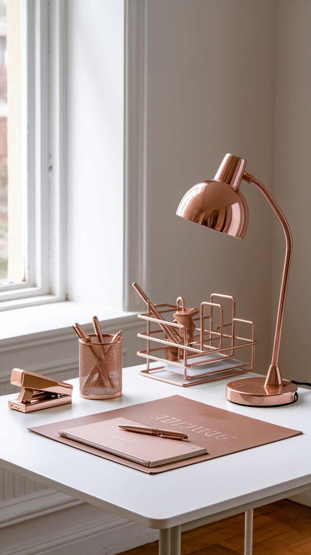 A stylish office desk featuring rose gold accessories including a lamp, pen holder, stapler, and notebook.