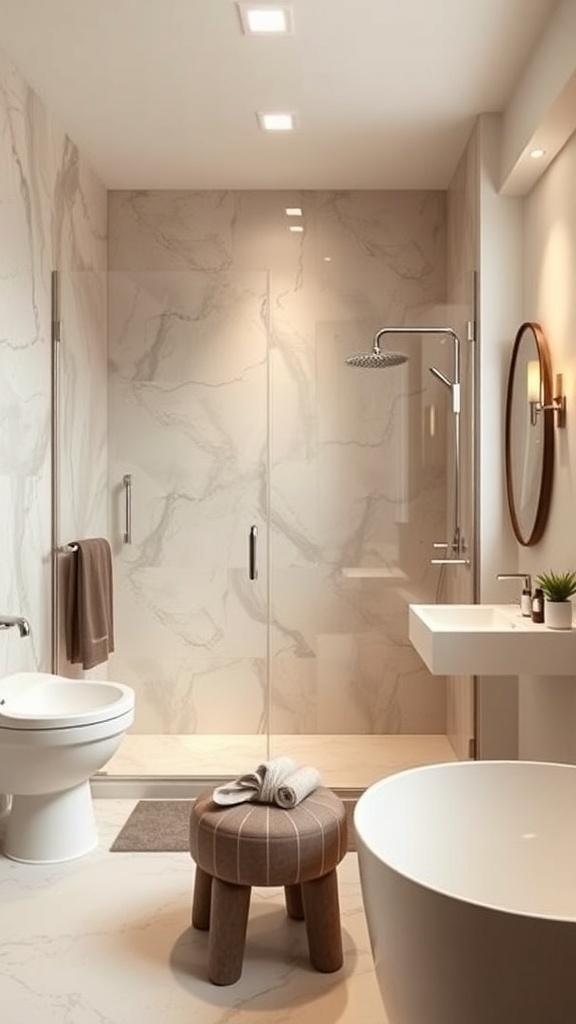 A modern guest bathroom featuring a glass-enclosed shower with marble walls, a stylish sink, and a decorative stool.