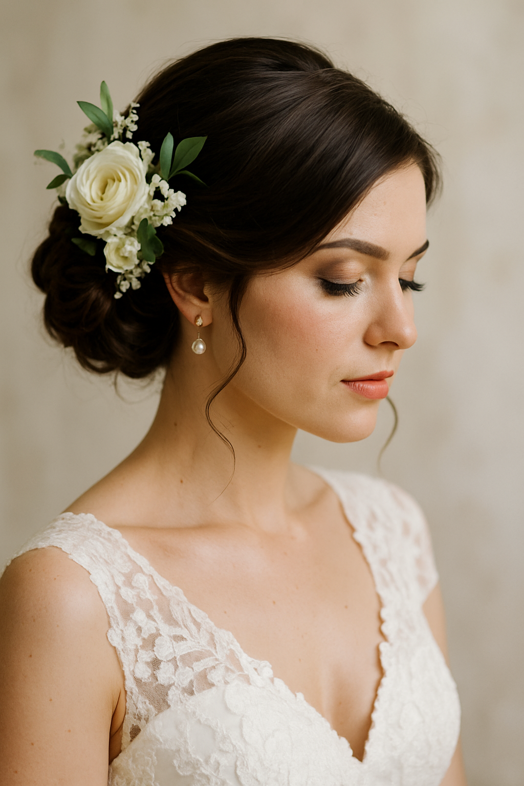 Brunette bride with an elegant side bun adorned with white flowers