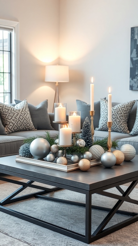 Coffee table decorated with silver and blue ornaments, candles, and greenery for Christmas.